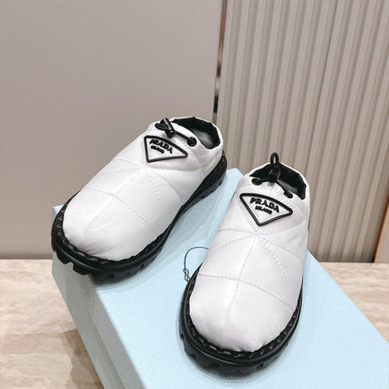 PRADA 26S QUILTED DRAWCORD MULE SHOES 30MM IN WHITE NYLON