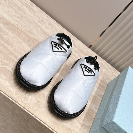 PRADA 26S QUILTED DRAWCORD MULE SHOES 30MM IN WHITE NYLON