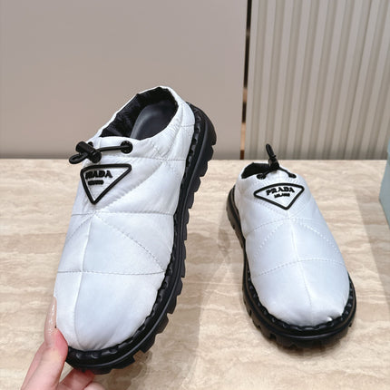 PRADA 26S QUILTED DRAWCORD MULE SHOES 30MM IN WHITE NYLON