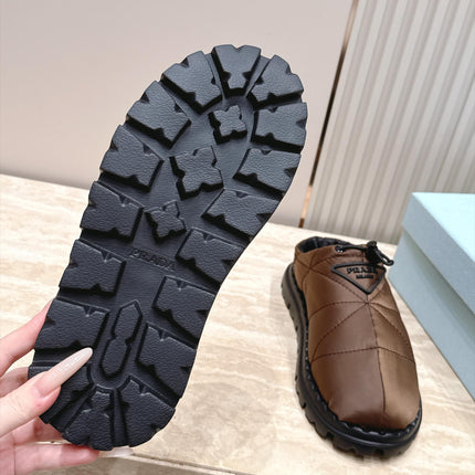 PRADA 26S QUILTED DRAWCORD MULE SHOES 30MM IN DARK BROWN NYLON