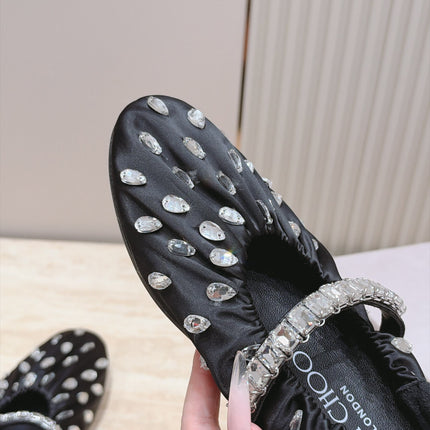 JIMMY CHOO 26S BALLET FLATS IN BLACK FABRIC WITH CRYSTAL STRAP