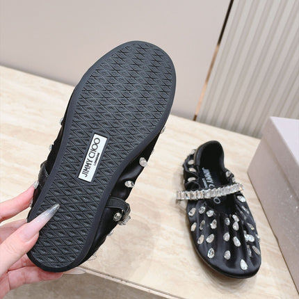 JIMMY CHOO 26S BALLET FLATS IN BLACK FABRIC WITH CRYSTAL STRAP