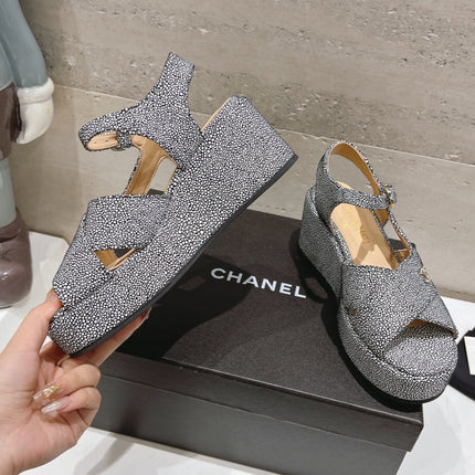 Wedge Open-Toe High Heel Sandals Slate Gray Sheepskin