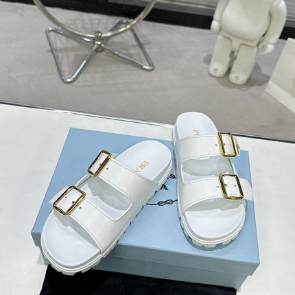 PRADA 25S STRAP SLIDES 30MM IN WHITE CALFSKIN GOLD HARDWARE