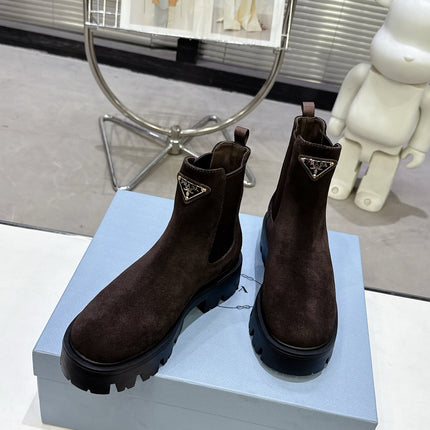 PRADA 25S RETRO PLATFORM MARTIN ANKLE BOOTS IN DARK BROWN SUEDE