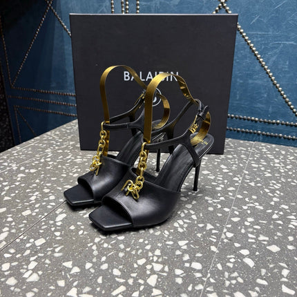 BALMAIN 26S HIGH-HEEL SANDALS 95 MM IN BLACK CALFSKIN