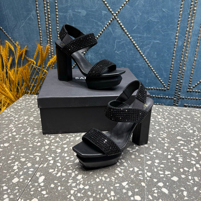 BALMAIN 26S HIGH-HEELED SANDALS 105 MM IN BLACK CALFSKIN STONE EMBELLISHED