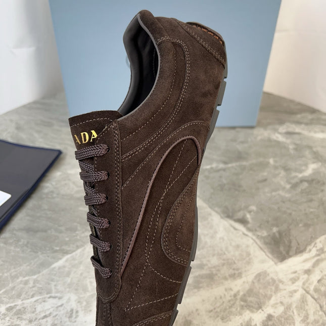 PRADA 25S MONTECARLO ANTIQUED SNEAKERS IN DARK BROWN SUEDE
