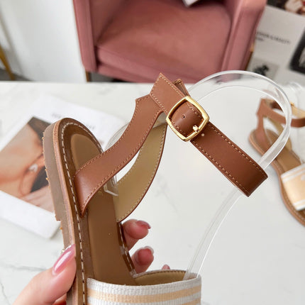 LYMPIA SANDAL IN BISQUE BEIGE MIX WHITE TRIOMPHE JACQUARD CANVAS & CALFSKIN
