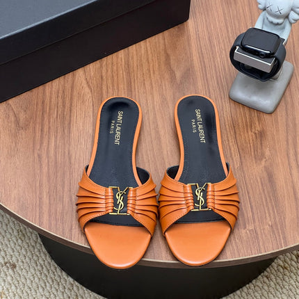 YSL 26S SLIDES IN COGNAC BROWN CALFSKIN