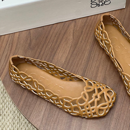 LOEWE 26S ANAGRAM CUT OUT BALLET FLATS IN TAN BROWN CALFSKIN
