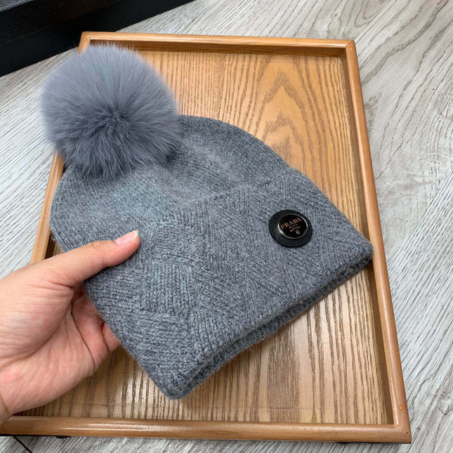 BEANIE HAT IN SHARK GRAY WOOL AND RABBIT FUR 346719