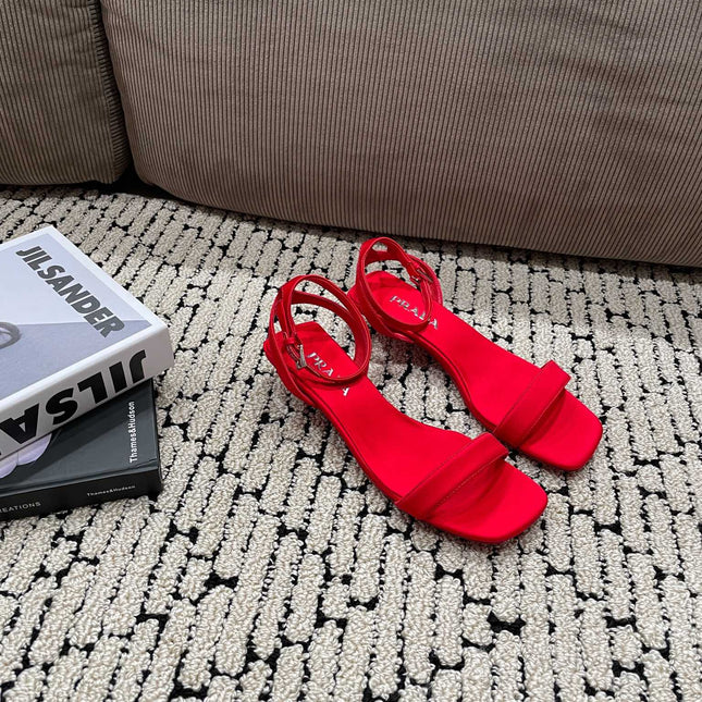 PRA TRIANGLE HEEL SATIN SANDALS CRIMSON