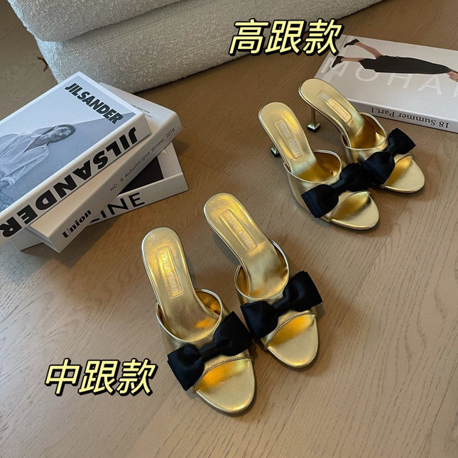 Metallic Gold High - Heels With Black Bow Calfskin