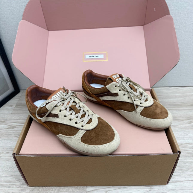 MIUMIU 26S SNEAKERS IN BEIGE MIX BROWN SUEDE