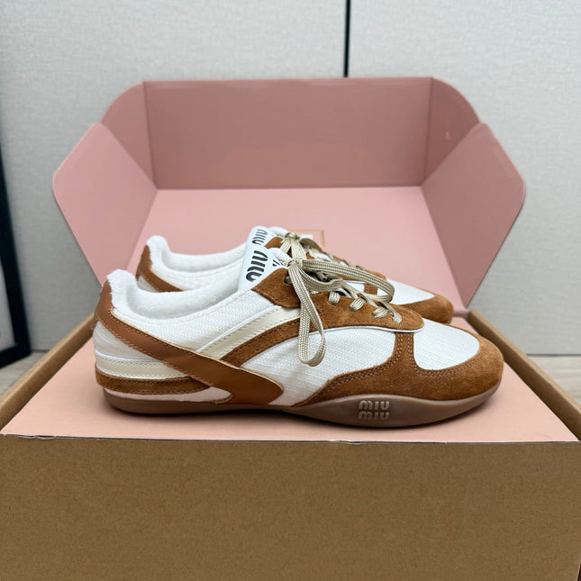 MIUMIU 26S SNEAKERS IN WHITE FABRIC AND BROWN SUEDE STYLE 12