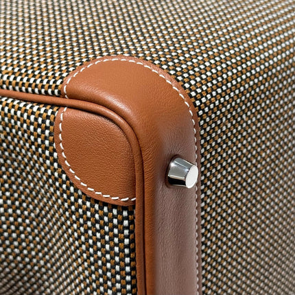 QUADRILLE BIRKIN 25CM IN GOLD SWIFT CALFSKIN AND BLACK/WHITE/BROWN TOILE CANVAS