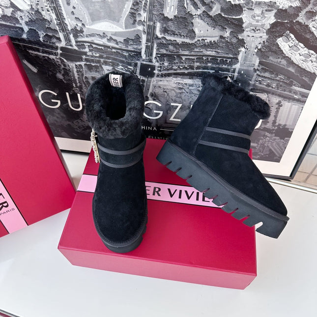 VIV' WINTER FUR STRASS BUCKLE ANKLE BOOTS IN BLACK SUEDE