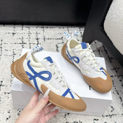 LOEWE 26S LOW TOP SNEAKERS IN WHITE SUEDE AND FABRIC WITH BROWN RUBBER