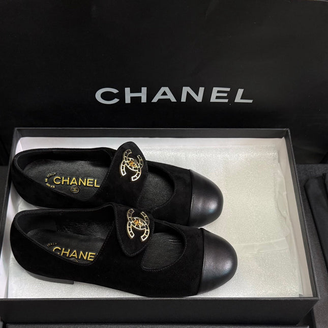 CHANEL 26S MARY JANE FLATS IN BLACK SUEDE AND CALFSKIN