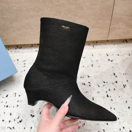 PRADA 26S POINTED TOE MID CALF BOOTS 30MM IN BLACK GRAINED CALFSKIN
