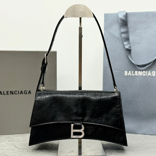 CRUSH SHOULDER BAG 25 IN BLACK CRUSHED CALFSKIN LEATHER STRAP SILVER HARDWARE