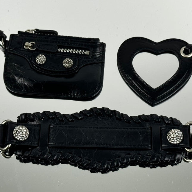 LE CAGOLE SMALL SHOULDER BAG 26 WITH RHINESTONES IN BLACK ARENA LAMBSKIN SILVER HARDWARE