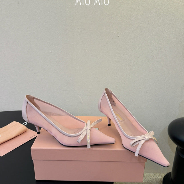 MIUMIU 26S HIGH-HEEL IN LIGHT PINK MESH AND LAMBSKIN WITH BOW