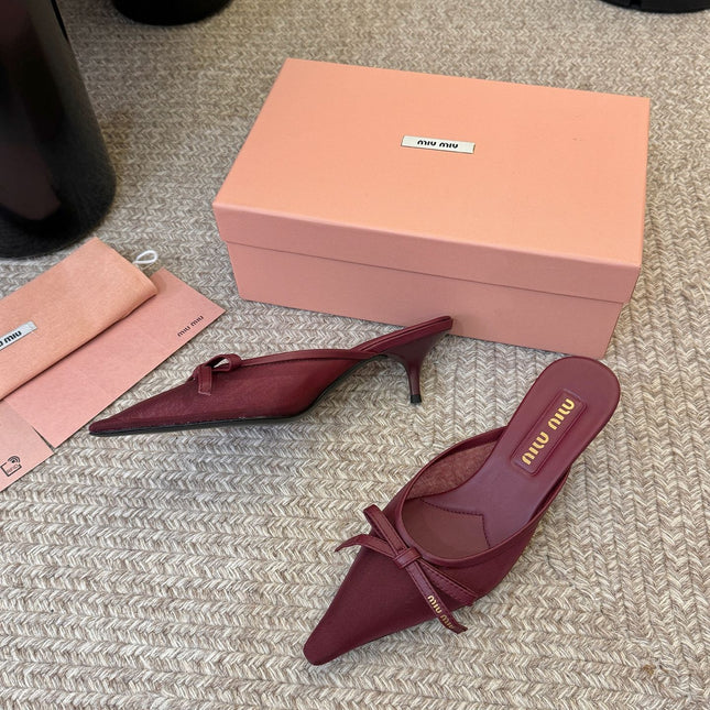 MIUMIU 26S HEEL MULES IN DARK RED MESH AND LAMBSKIN