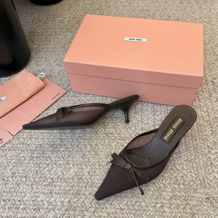 MIUMIU 26S HEEL MULES IN CHOCOLATE BROWN MESH AND LAMBSKIN
