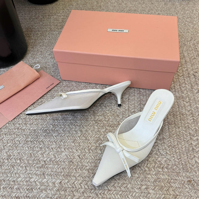 MIUMIU 26S HEEL MULES IN WHITE MESH AND LAMBSKIN