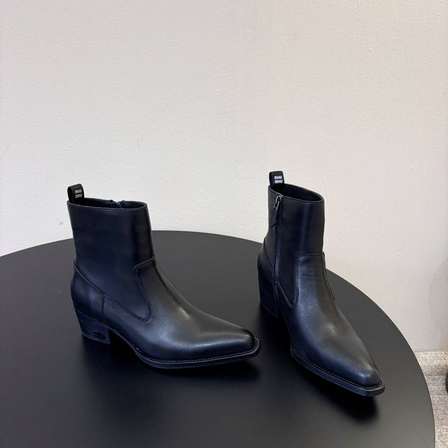 MIUMIU 26S WESTERN ANKLE BOOTS IN BLACK CALFSKIN