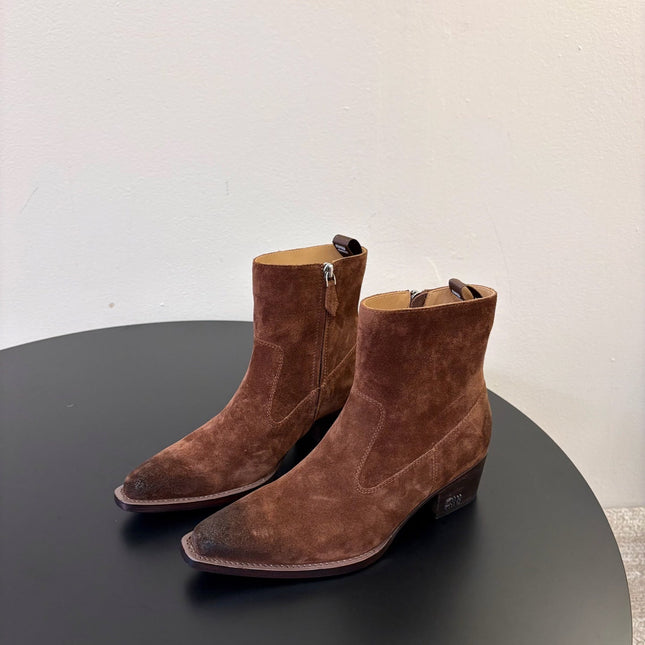 MIUMIU 26S WESTERN ANKLE BOOTS IN BROWN SUEDE