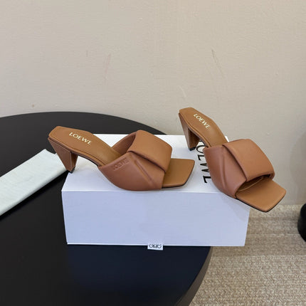 LOEWE 26S HEELED MULE SANDALS 75MM IN TAN BROWN CALFSKIN