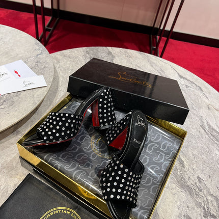 CHRISTIAN LOUBOUTIN 26S HEEL SANDALS 85 MM IN BLACK SUEDE RHINESTONE-EMBELLISHED