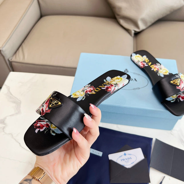 PRA PRINTED SLIDES SLIPPERS BLACK LAMBSKIN