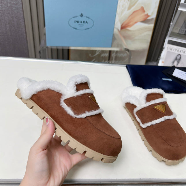 SUEDE AND SHEARLING MULES UMBER BROWN