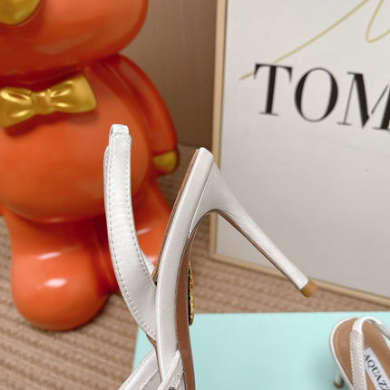 AQUAZZURA 26S SLINGBACK HEELS 100 MM IN WHITE MESH PEARL EMBELLISHED