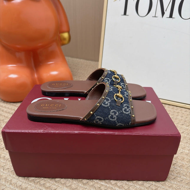 GUCCI 26S SLIDE SANDAL IN DARK BLUE DENIM AND BROWN LEATHER