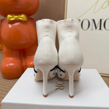 DIOR 26S POINTED TOE HIGH HEEL ANKLE BOOTS IN WHITE KNIT FABRIC WITH BLACK POLKA DOTS
