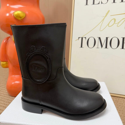 DIOR 26S MID CALF BOOTS IN BLACK CALFSKIN WITH EMBROIDERED LOGO