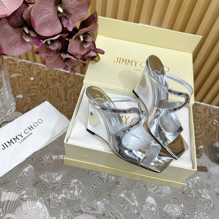 JIMMY CHOO 26S WEDGE SANDALS 105 MM IN SILVER METALLIC CALFSKIN