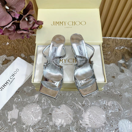 JIMMY CHOO 26S WEDGE SANDALS 105 MM IN SILVER METALLIC CALFSKIN