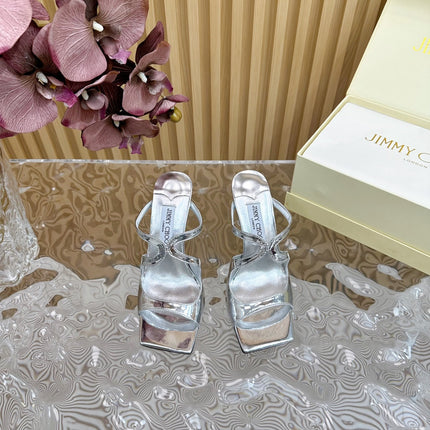 JIMMY CHOO 26S WEDGE SANDALS 105 MM IN SILVER METALLIC CALFSKIN