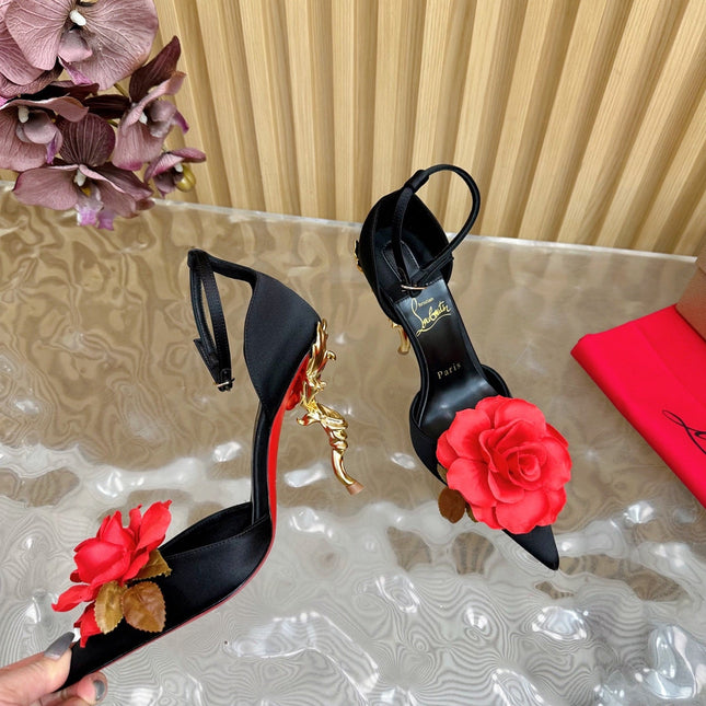 RED BELLAROSE STRAP PUMPS 110MM IN BLACK CREPE SATIN