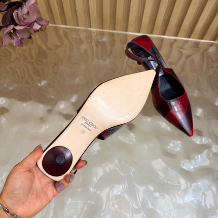 JIMMY CHOO 26S SLINGBACK PUMPS 65 MM IN BURGUNDY MIX RED STRIPED CALFSKIN