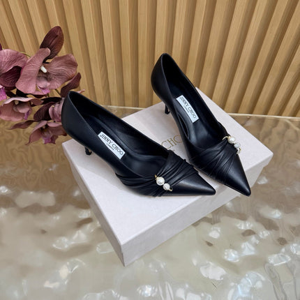 JIMMY CHOO 26S PLEATED POINTED TOE PUMPS 65 MM IN BLACK CALFSKIN