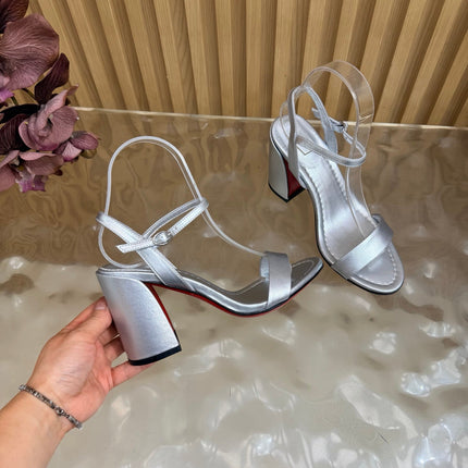 CHRISTIAN LOUBOUTIN 26S SQUARE-HEEL SANDALS 85 MM IN SILVER CALFSKIN