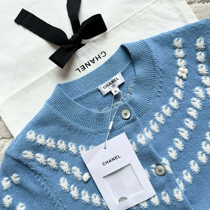 Chanel 25P Cardigan Light Blue Mix White Cashmere 237300