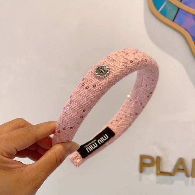 THICK HEADBAND IN PINK TWEED EMBELLISHED SEQUINS 406045